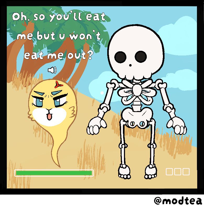 Speckle, incredulously says, "Oh, so you'll eat me but u won't eat me out?" upon discovering that they have been cannibalised, a recently added mechanic. Only his skeleton remains. The UI indicates that the player's hunger bar is empty.

