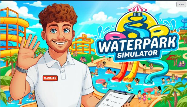 Cover art for Waterpark simiulator featuring a character that has curly hair, a short beard, and is waving.