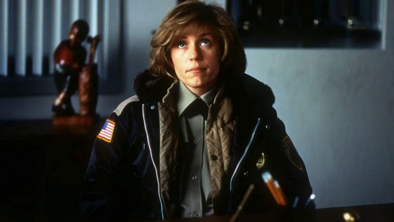 A shot of Frances McDormand playing an eye rolling Marge Gunderson in 1996's Coen brothers' "Fargo".