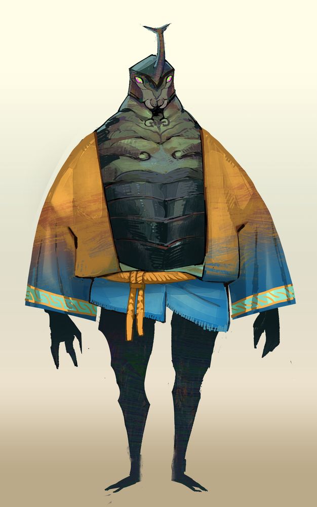 an insectoid bipedal lookin guy with a rhino beetle horn. they're wearing a fancy shirt with big sleeves tied with a thick rope at their waist
