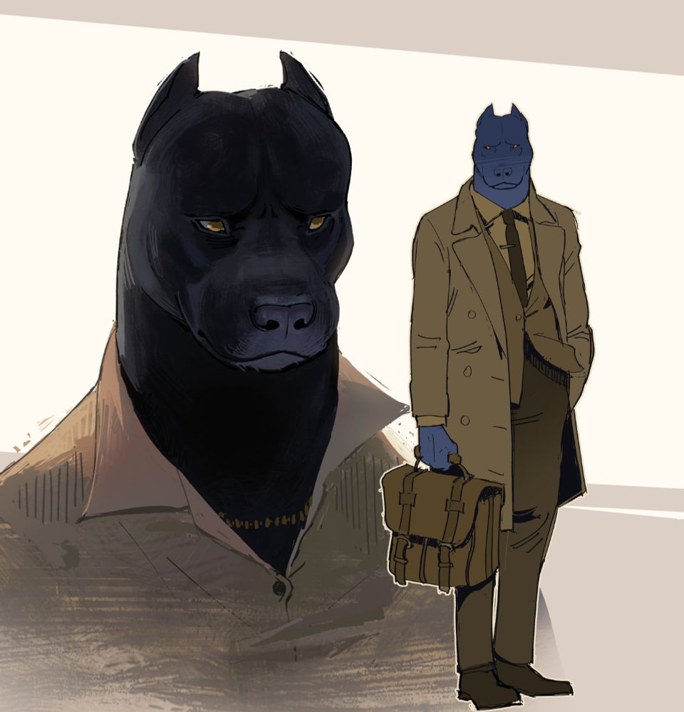 an anthropomorphic black pitbull character design; left side is a painted bust portrait and right side is a full-body sketch, where he wears a suit and tie under a trenchcoat while holding a handled bag. most of the colors are a rosy, sandy palette, except for his skin/fur, which uses blues.