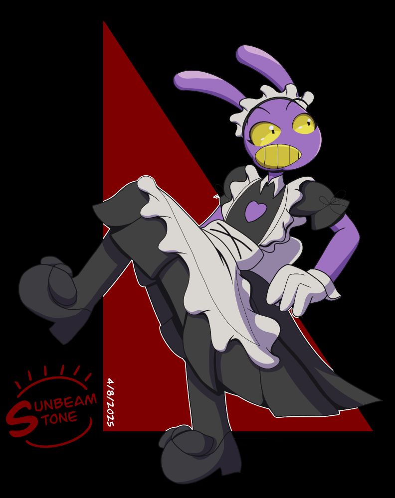 A purple coloured rabbit character from Digital Circus dressed up in a maid dress base on the 5th episode.