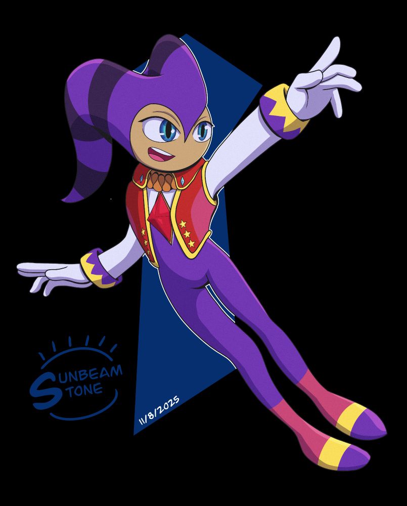A jester like character in a floating pose
