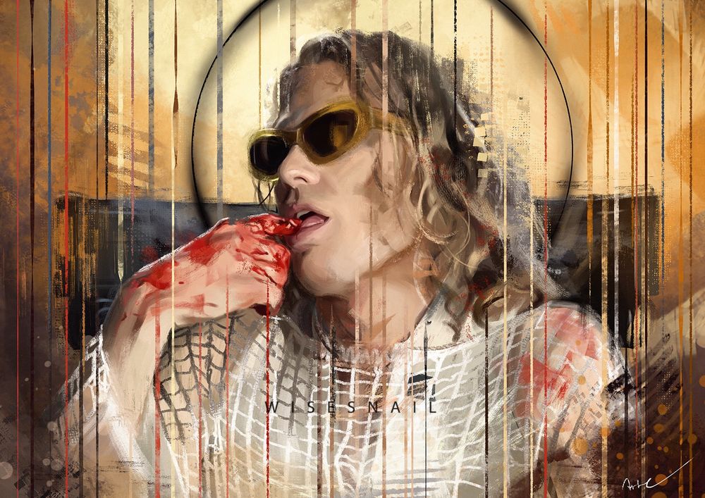 Portrait of Sam Reid as the vampire Lestat. He is slightly turned to the left, and he is wearing sunglasses. His hand has blood on it, and he is liking a finger, with his tongue slightly poking out. He is wearing a net-like shirt. A black halo surrounds his head.
