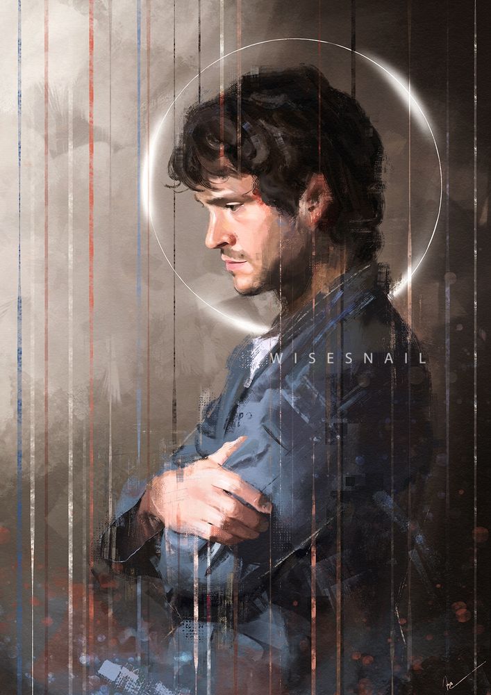 Digital side portrait of Hugh Dancy as Will Graham. He is wearing prison garb and he's looking down, with his arms crossed, almost as if he's hugging himself. He has dark hair and a beard. A white shiny halo surrounds his head