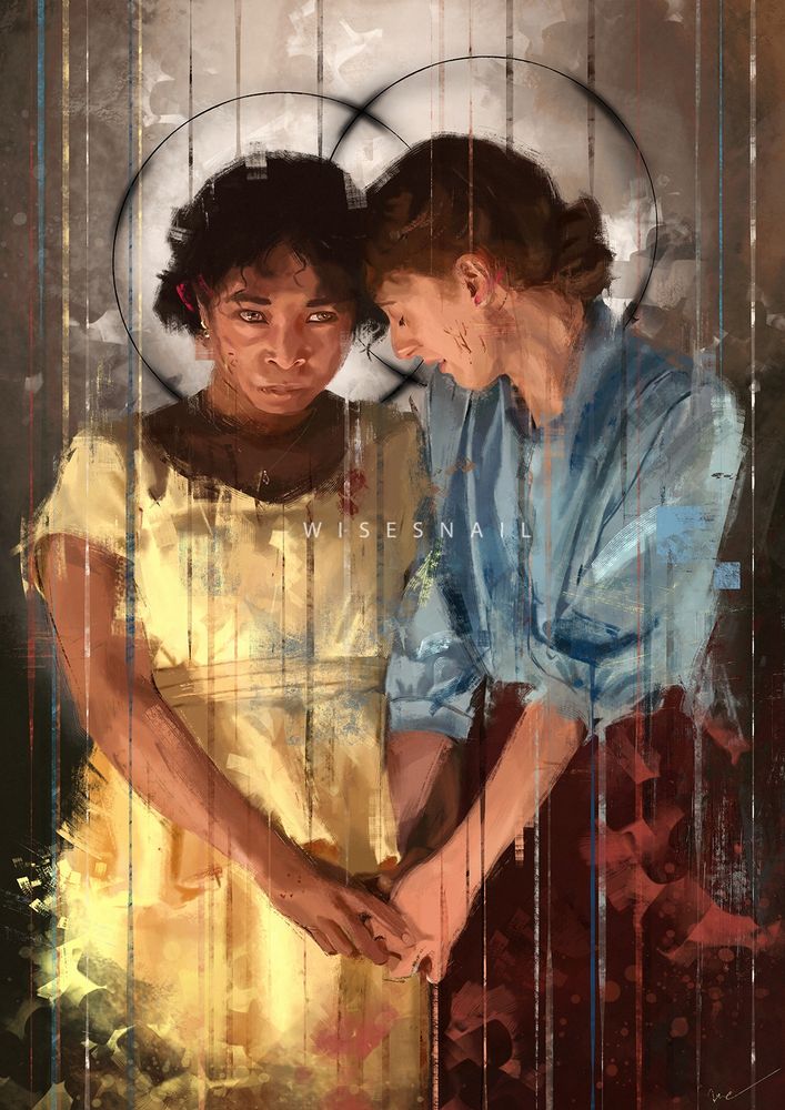 Digital portrait of Claudia and Madeleine from the Interview With The Vampire show. They are standing and holding hands. Claudia is looking upset, while Madeleine, with her face inclined towards Claudia, is crying. Claudia is wearing a yellow dress, and Madeleine a light-blue shirt and a burgundy skirt. Each of them has a black halo encircling the head.