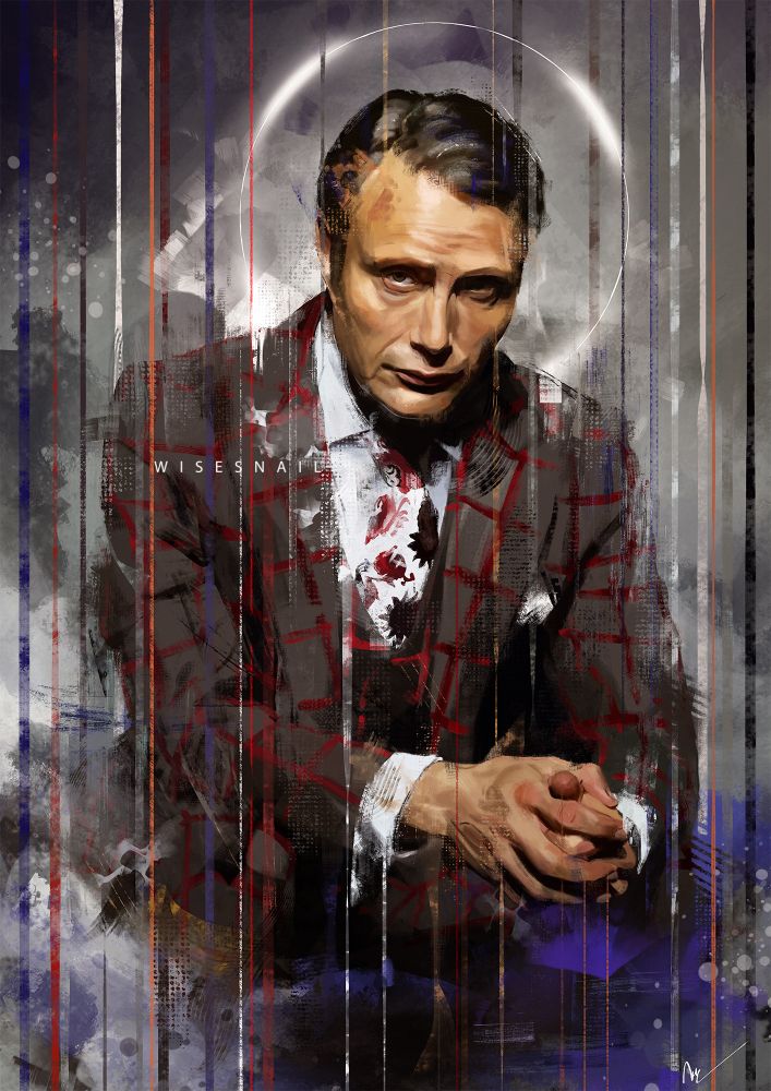 Portrait of Mads Mikkelsen as Hannibal. He is wearing a checked suit, and he's sitting with his elbows on his legs and with his hands clasped. He is looking straight at the viewer, with a somewhat menacing hair. The backgrounds is in various shades of gray with some splashes of blue, which contracts with the red in the pattern of his suit. A white halo is behind his head.