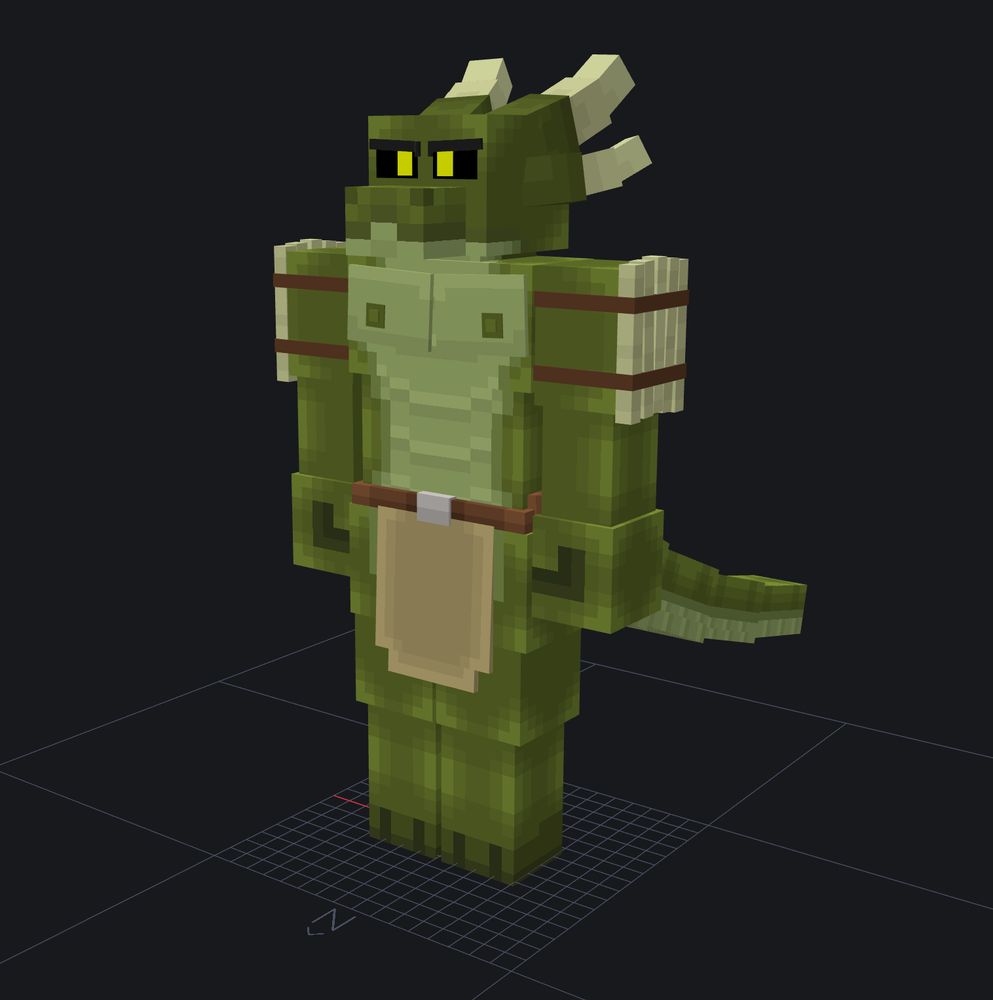 A 3D model of a male anthropomorphic lizard wearing a loincloth and shoulder pads made from bones. It is stood in the Blockbench editor suite. Its body is blocky in shape.