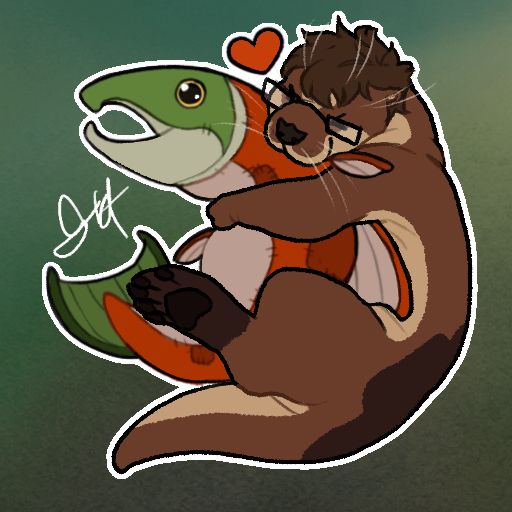 Jeremy, a river otter with glasses and messy brown hair, gives a great big hug to a great big salmon plushie