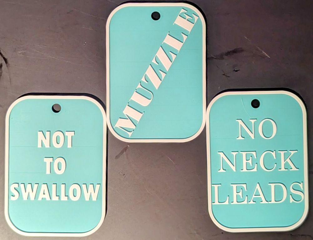 An image of three large dog tags on a matte black plate. One says 'not to swallow', another says 'No neck leads' and the last says 'muzzle'. They are large, plastic tags that could be read from several meters distance.