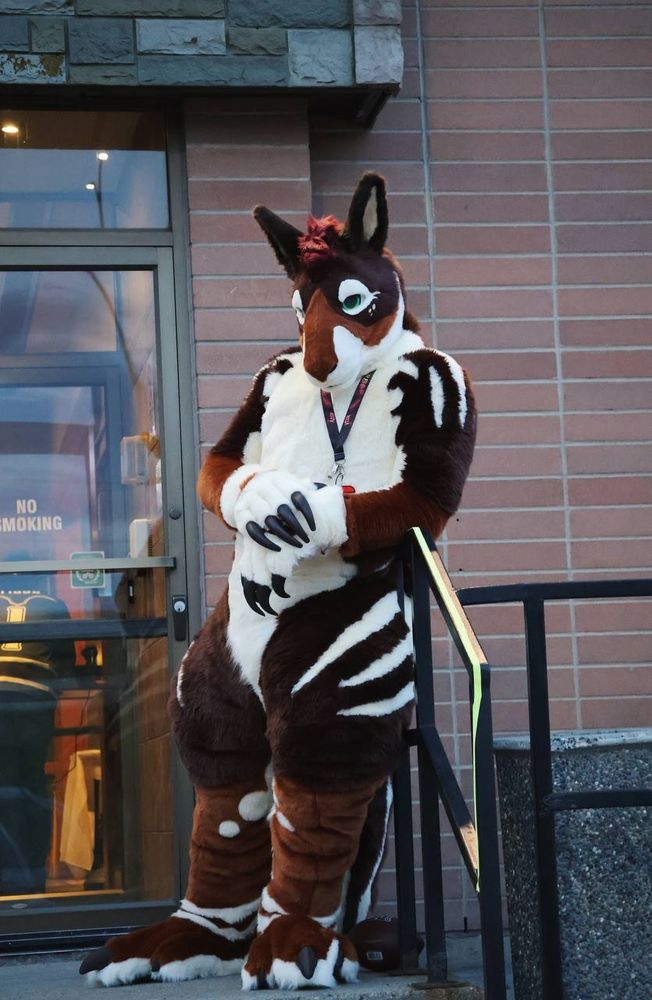 A kangaroo fursuiter in full suit, leaning against the railing at the top of a set of stairs. In the background, the side of a hotel and one entry door is visible.