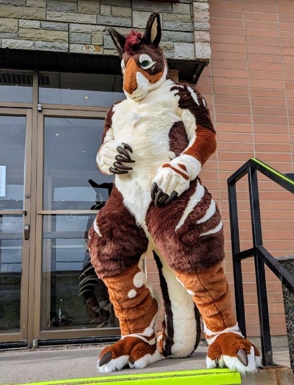 A kangaroo Fursuiter standing at the top of a short set of stairs, in front of a building's glass door.
