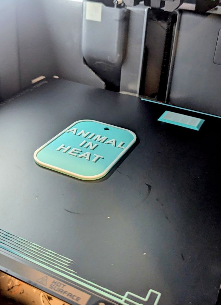An image of a 3D printed placard, still in the 3D printer. The words 'Animal In Heat' are written in white on a blue background 