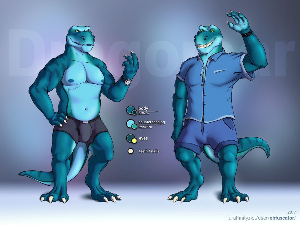 A reference sheet of my OC, Dragomar, a blue anthro lizard with light blue chest, digitigrade legs, yellow eyes and darker pattern of stripes along the tail, shoulders and back. He's wearing grey boxer briefs and a watch. He's bald and lacking any fur. In another pose he's wearing casual outfit consisting of shorts and shirt of another shade of blue, smiling and waving at you.
