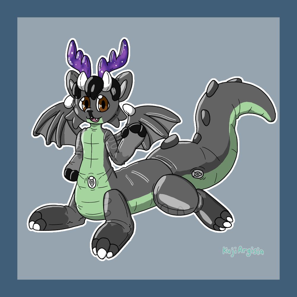 An art of a grey/green dragon pooltoy taur, with wings, air valves on belly and tail, and purple starry horns.