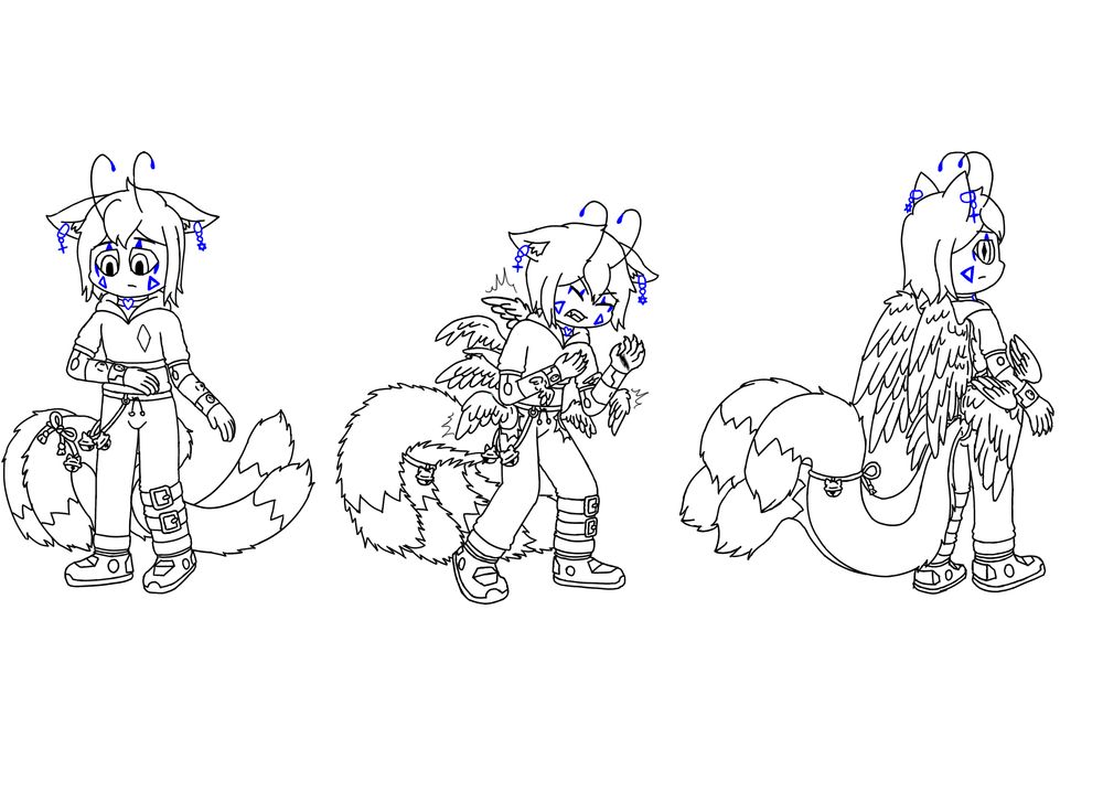 A sequence of Kuji the 4 tailed nekomata catboy, transforming by Angel plauge infection. 
Left panel: he worriedly looks at a boil on his arm. Another is on his other arm.
Middle panel: he reels as the infection grow wings, 2 out of each of his arms, 4 on his back, and 2 more on his hips. His fingernails also become pointed talons.
Right panel: final piece showing the fully grown wings. His eyes also became slitted.