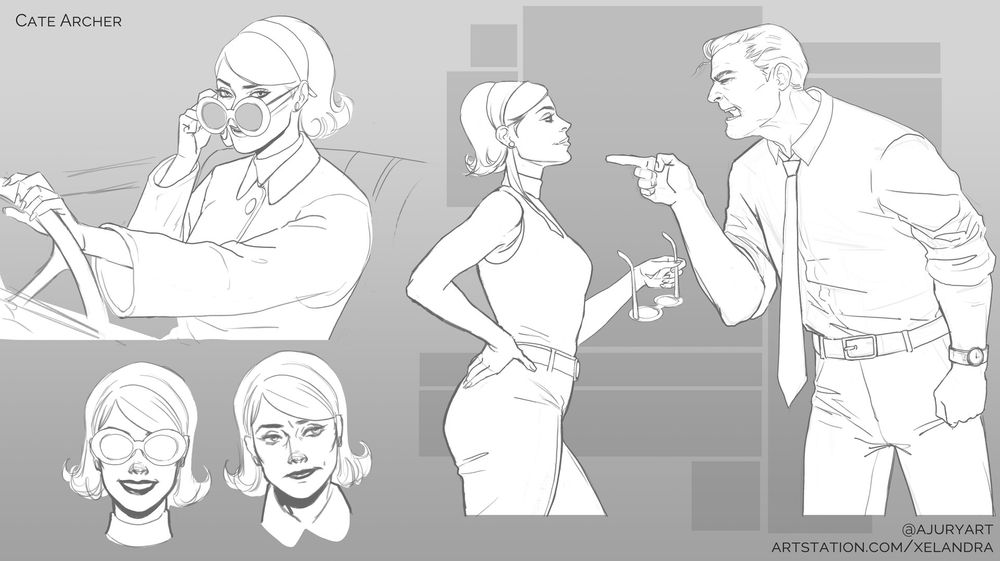 Multiple black and white drawings of the main character Cate Archer. She wears her hair with a 60s style short bob and headband. First image is of her in a convertable lowering her glasses to peer at the viewer. Below that image are a couple sketches of her face, one wearing sunglasses. Third image is of Cate being yelled at by a man pointing his finger at her while she is calm and smiling defiantly.