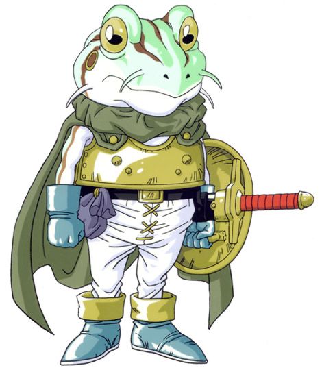 Character art of the character Frog, aka Glenn, from the SNES video game Chrono Trigger. He's a bipedal frog knight wielding a sword and shield and wearing a cape. Original art by Akira Toriyama. If you played this game as a kid you hear his ribbit in your head just from looking at this picture.