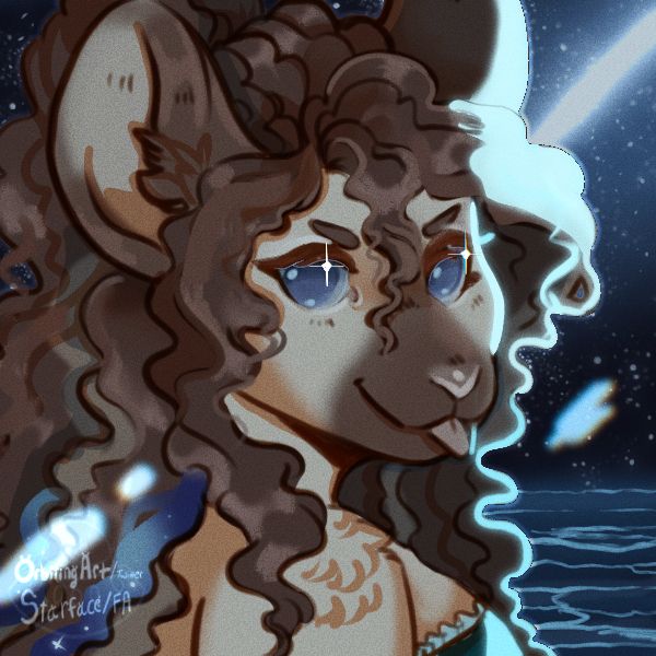 A image of a rat anthro with curly hair, and a blue back glow, in front of the ocean and night sky, with her tongue sticking out.