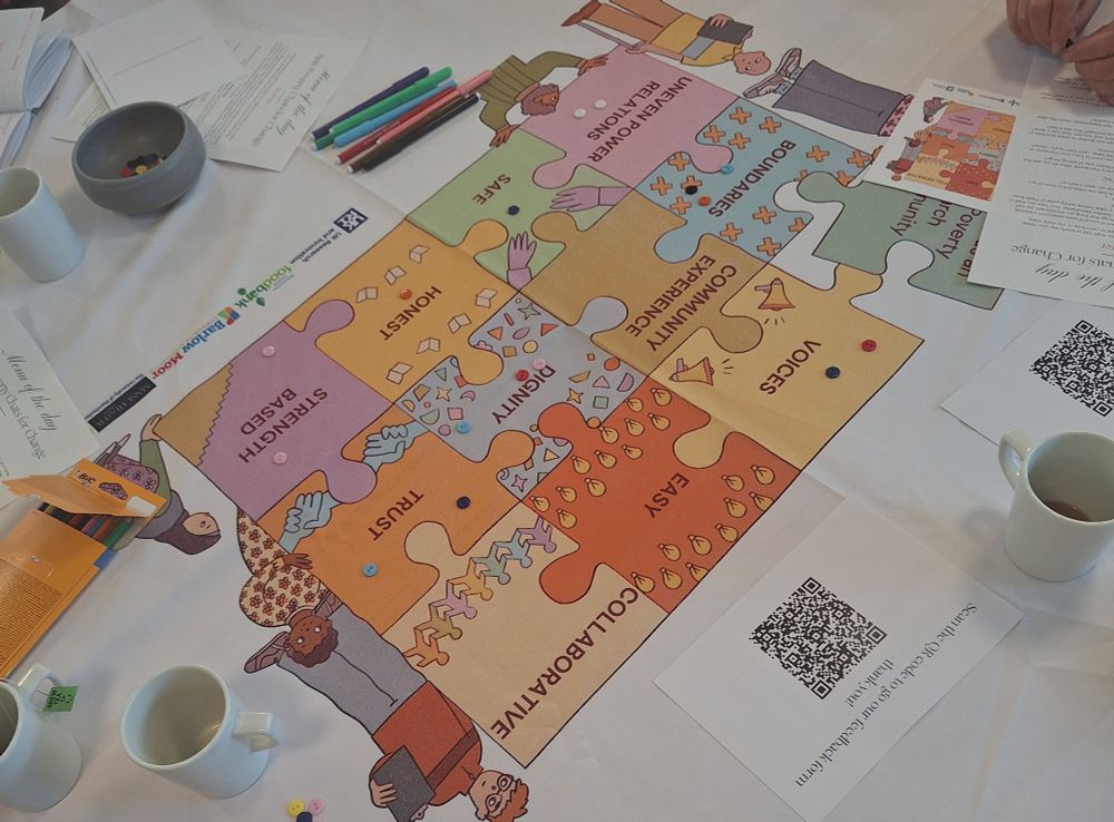 Photograph of a tablecloth featuring our co-designed Anti-Poverty research framework, a colourful image with 11 values designed into a jigsaw. The image is surrounded by pens, pencils and coffee cups. An accessible version of the framework can be found on our website.
