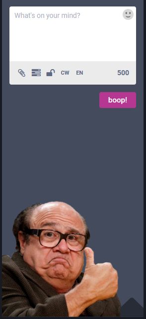 Danny DeVito giving a thumbs up below a mastodon posting box with a button labeled "boop!"