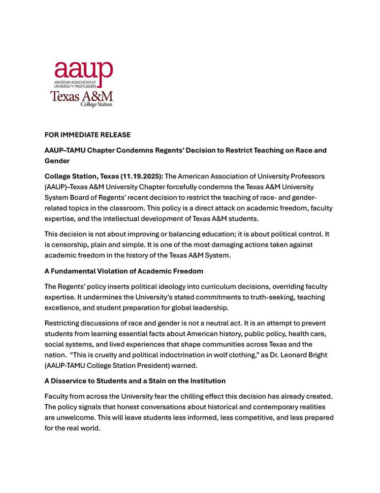 Statement from TAMU AAUP regarding BOR gender and race restrictions.....
