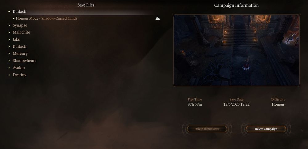 a screenshot of the load save page in BG3.

The left has 9 save files: Karlach, Synapse, Malachite, Jaks, Karlach, Mercury, Shadowheart, Avalon, Destiny.

The right has a screenshot of Moonrise Towers and a play time of 37h 58m.