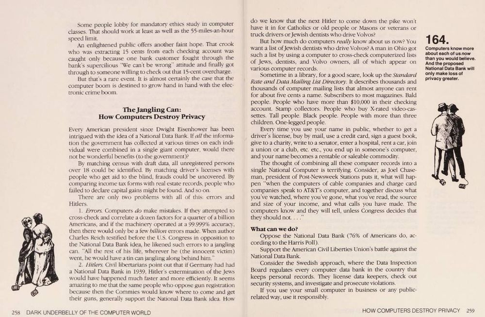 A page of 1983's Computer Wimp, warning about privacy in a way that's basically Zuck, DOGE, Thiel and every technocunt's plan.