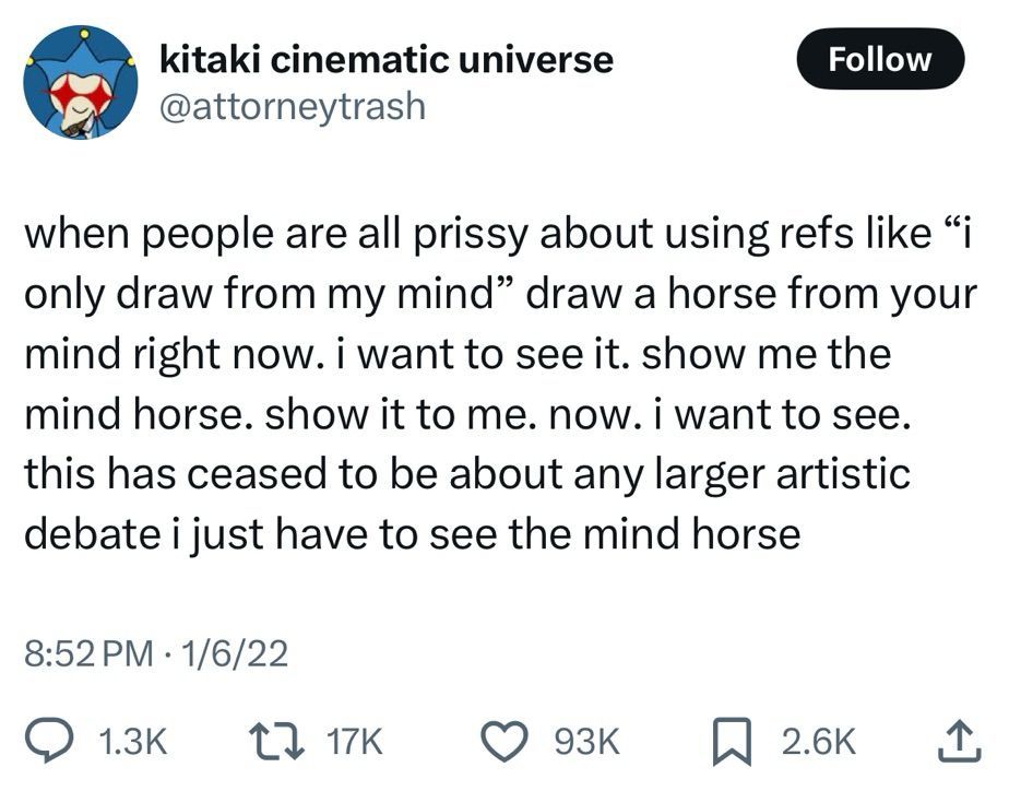 The original tweet by kitaki cinematic universe @attorneytrash.bsky.social which set the mind horse challenge in motion