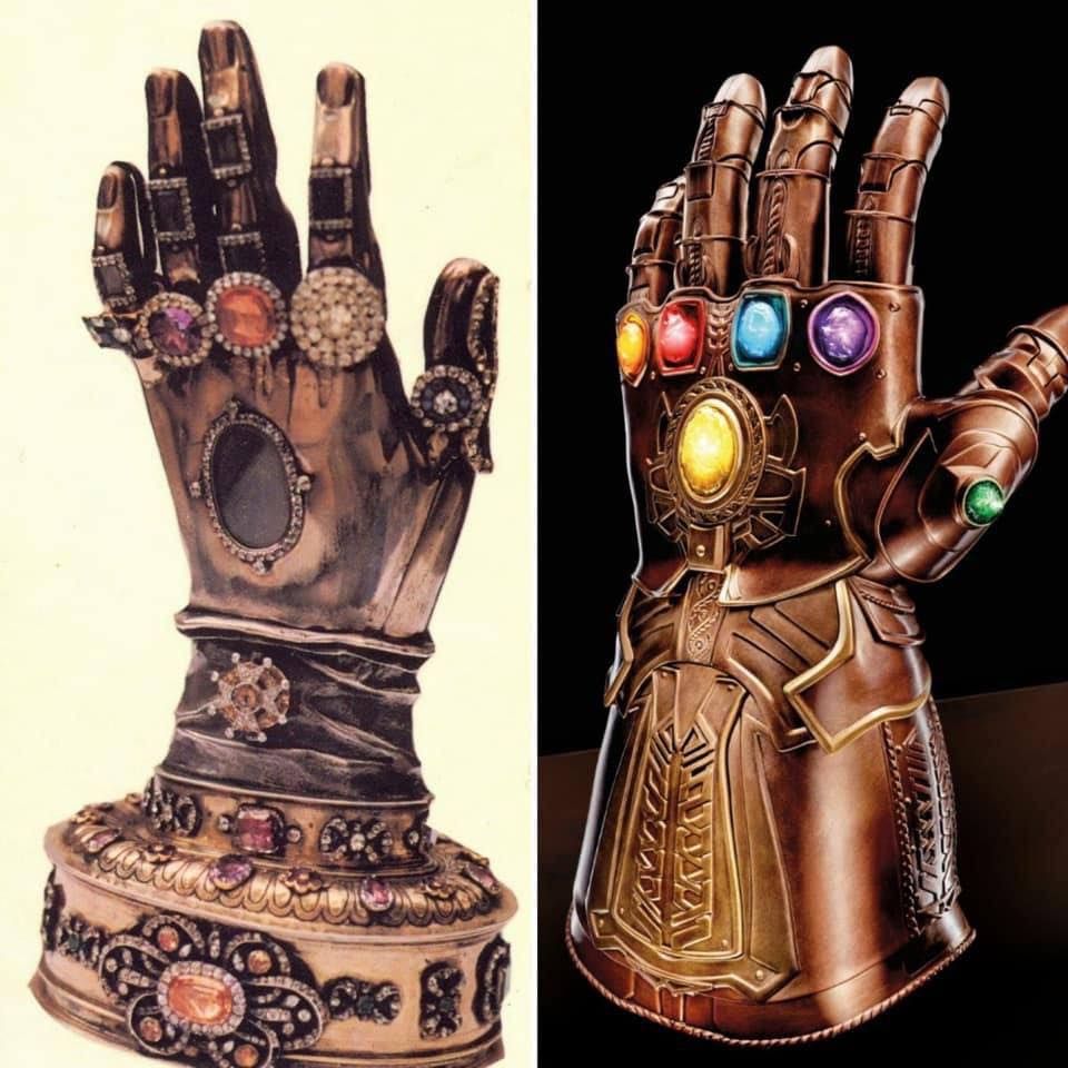 The relic of the hand of Saint Teresa of Avila on the left, a bejewelled metal glove or gauntlet that the Infinity Gauntlet from The Avengers on the right looks very similar to.