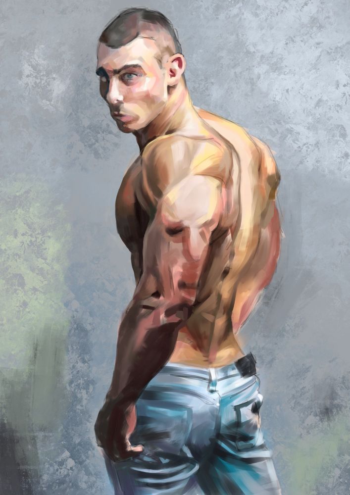 The colour block in for a painting of a topless skinhead youth, wearing blue jeans, looking over his shoulder at the viewer.