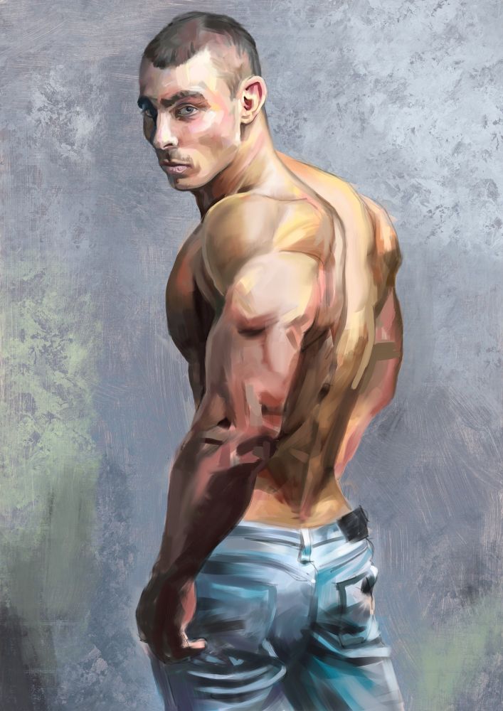 The first painting pass over the block in for a painting of a topless skinhead youth, wearing blue jeans, looking over his shoulder at the viewer.