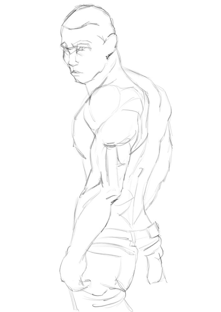 The preliminary sketch for a painting of a topless skinhead youth, wearing blue jeans, looking over his shoulder at the viewer.