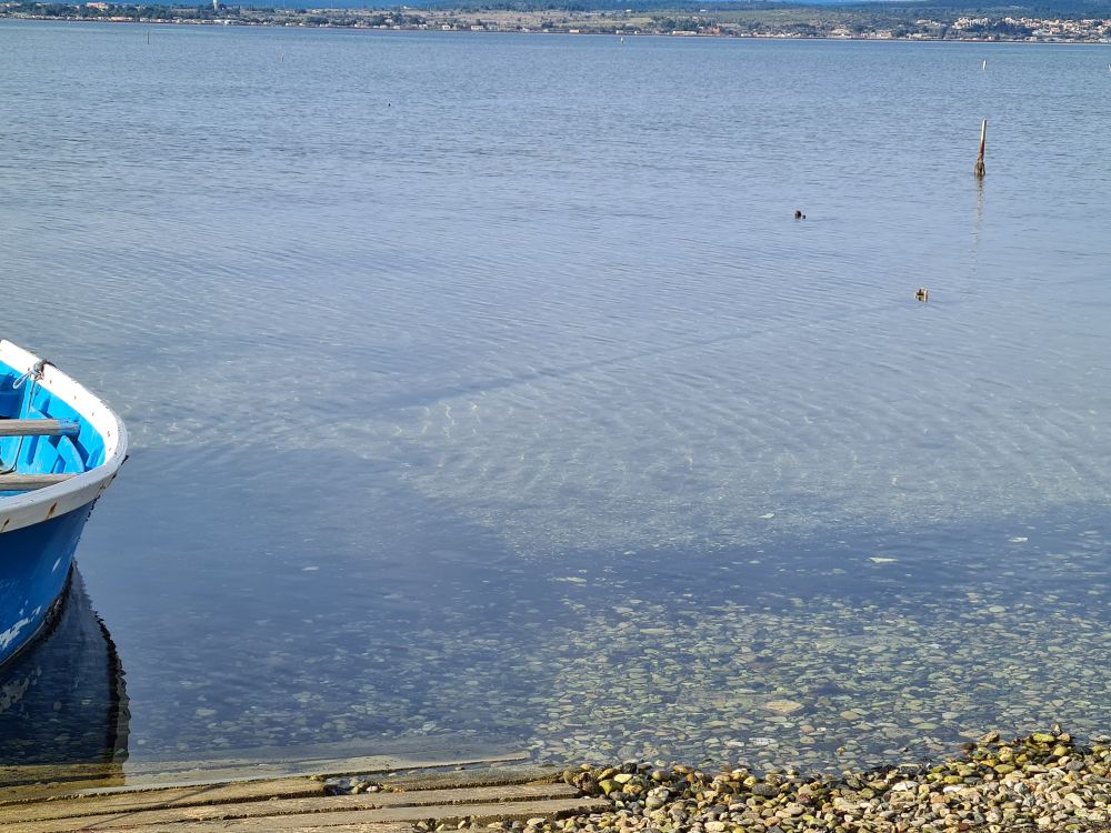 Soleil reflétant les ondes de l'étang près d'un bateau à quai