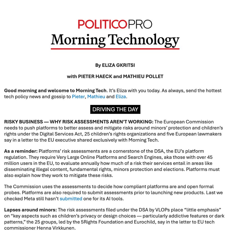 A screenshot of today's Politico Morning Tech EU featuring the joint letter we sent to the the Executive Vice-president of the European Commission for Technological Sovereignty, Security and Democracy, Henna Virkkunen, calling on the European Commission to provide further guidance on the structure of the risk assessments that VLOPs (Very Large Online Platforms) have to submit according to the Digital Services Act.