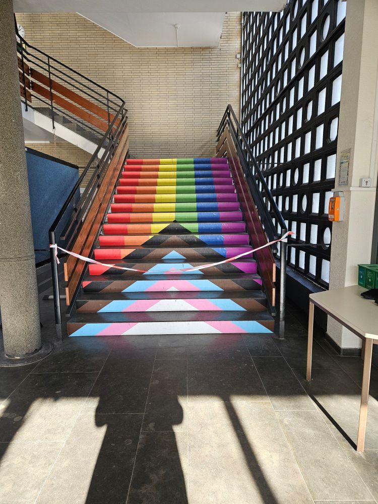 Treppe im Gymnasium bei mir um die Ecke. Die Stufen bilden die neue transinklusive Pride Flagge.