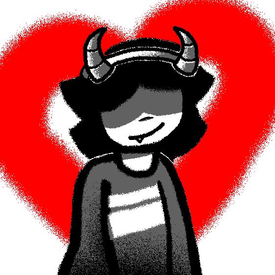 4-color (black, white, red, gray) drawing of kris dreemurr from deltarune featuring plenty of noise dithering. they're smiling with a little fang hanging out, wearing their horn headband in front of a massive heart in the style of the SOUL