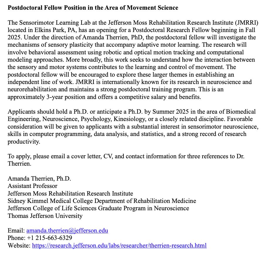 Full job posting for a postdoc position at the Jefferson Moss Rehabilitation Research Institute.