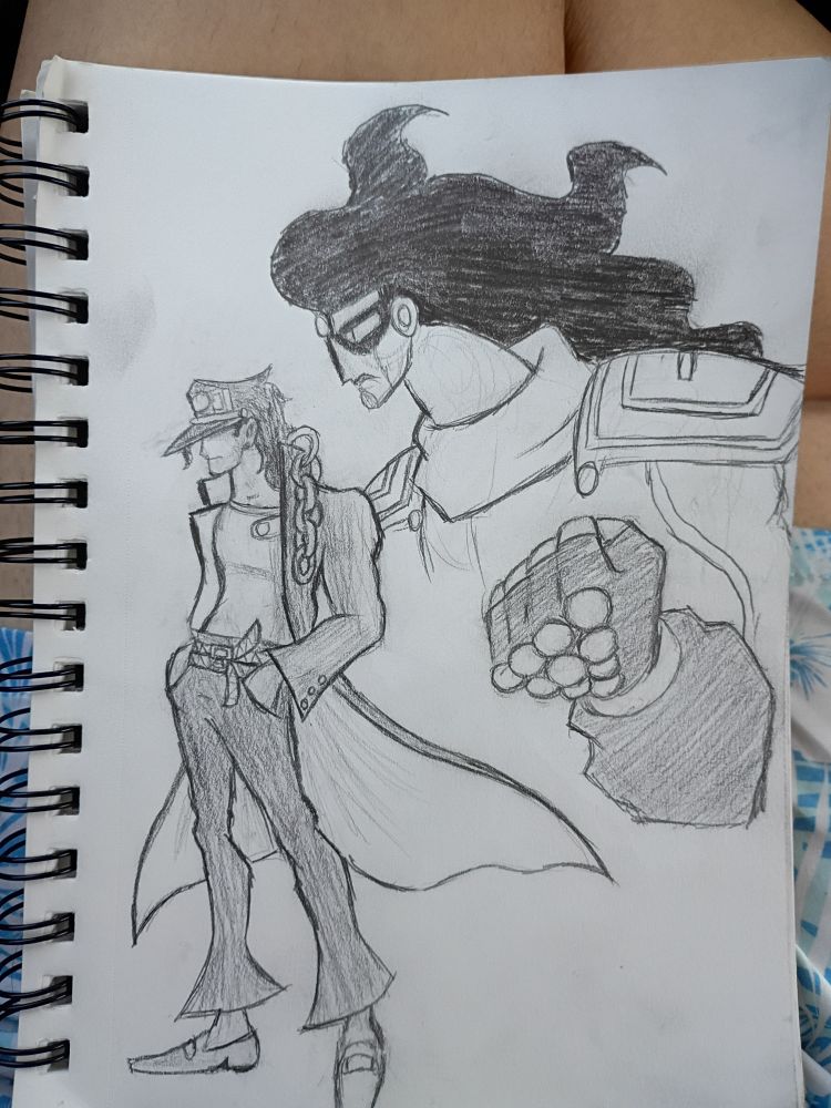A pencil drawing of Jotaro Kujo, in his Part 3 look, standing to the left with a large Star Platinum imposed behind him with its fist by its chest 