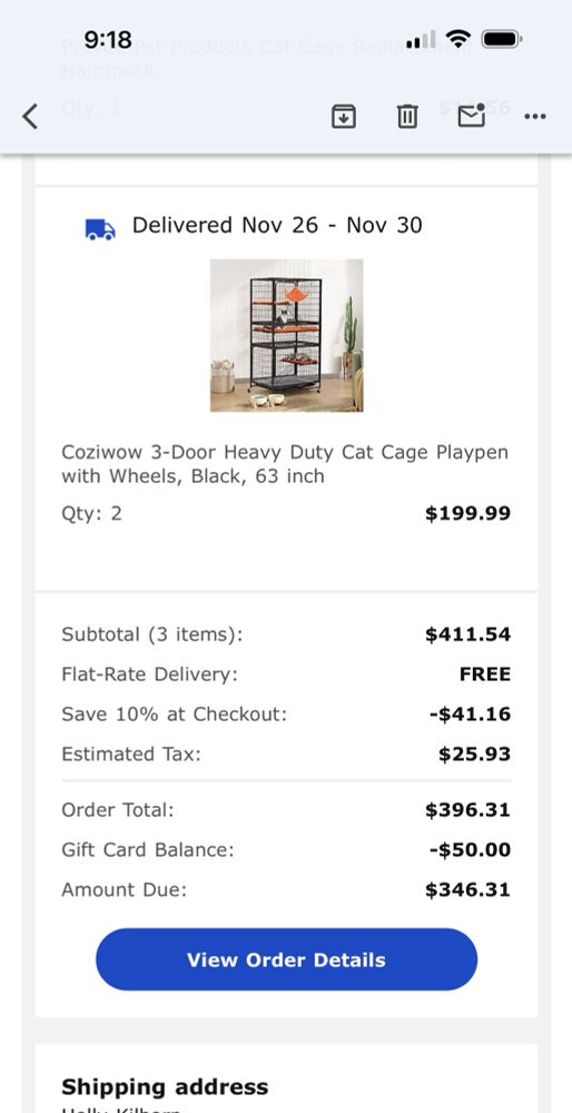 Screenshot of the Chewy receipt, continued, showing purchase of 2 heavy duty cages. This will be so helpful! My heart is full and thankful!
