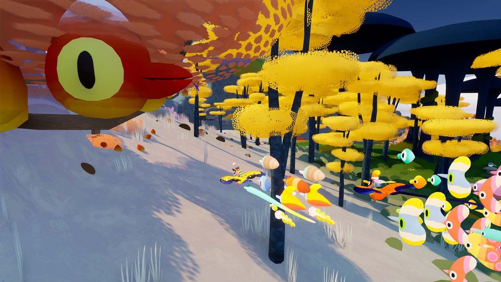 A screenshot from the videogame Flock with art direction by Richard Hogg. The screenshot shows 2 player characters flying along the edge of a forest, they both have large flocks of strange creatures following them. In the upper right foreground of the screenshot, a Sunset Sprug can be seen hiding in a tree.