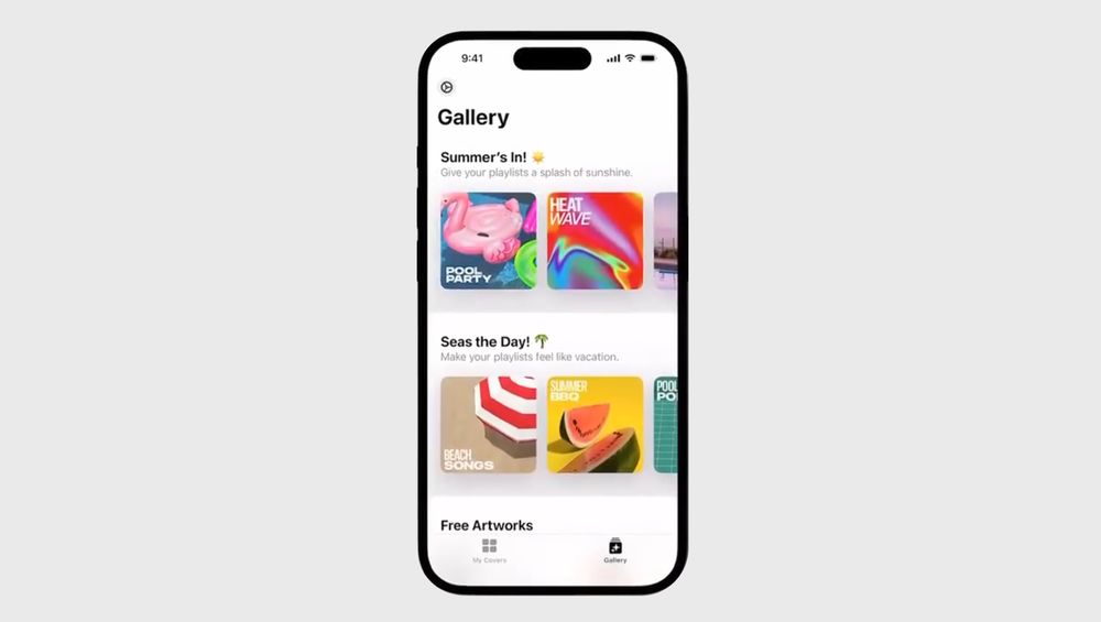 A smartphone screen showcasing the Demin Playlist Cover Maker app. It displays a "Gallery" page with summer-themed playlist covers. The section "Summer’s In! ☀️" shows vibrant covers including a pink flamingo pool float titled "Pool Party" and a colorful abstract titled "Heat Wave." Below, the "Seas the Day! 🌴" section features covers like a red-and-white beach umbrella titled "Beach Songs" and a bright yellow background with watermelon slices labeled "Summer BBQ." The bottom navigation bar highlights the "Gallery" tab, next to a "My Covers" tab. The design is clean with white background and black text.