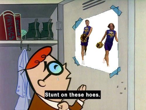 Dexter from Dexter's laboratory crying toward a poster of two male MN vikings cheerleaders. "Stunt on these hoes," he pleads.