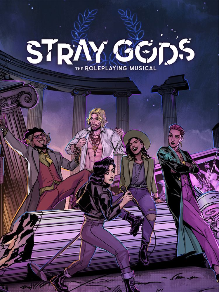 Promotional artwork for 'Stray Gods: The Roleplaying Musical'. Five stylishly dressed characters pose dramatically on marble steps among broken Greek columns against a deep purple starry night sky. In the foreground, a person with short dark hair in a black jacket kneels with a microphone. Behind them stands a diverse group: a smiling person with glasses in a burgundy vest and yellow shirt gesturing expressively; a shirtless blonde figure with an open white shirt and gold chains; a person in a wide-brimmed hat wearing purple pants and an olive jacket; and a stern-looking figure with reddish hair in a teal and purple ensemble. The logo 'STRAY GODS' appears at the top in distressed white lettering flanked by blue laurel leaves, with 'THE ROLEPLAYING MUSICAL' in smaller text below. The art style is vibrant comic book illustration with neon purple and blue lighting accents that highlight the mythological themes juxtaposed with contemporary fashion.