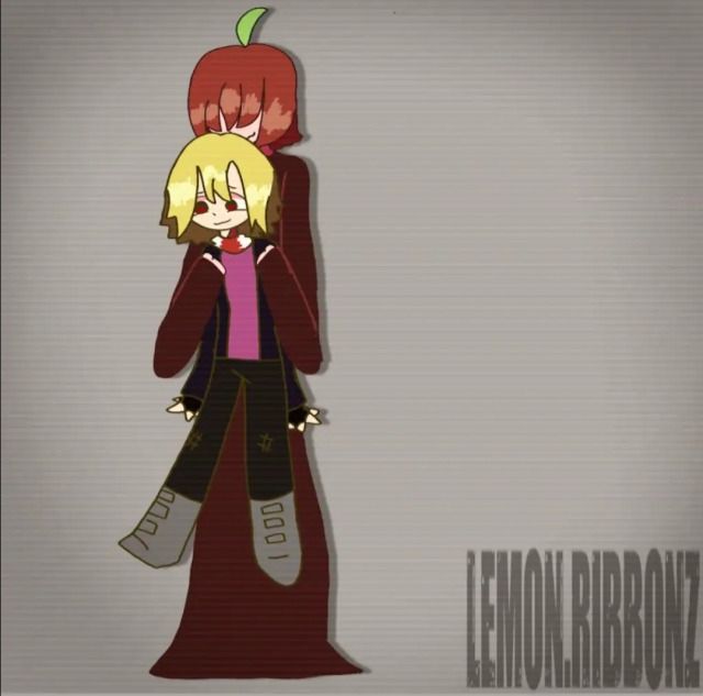 A CUTE ART OF HUMANOID MONSTER (Lemon Demon) BEING PICKED UP BY MONSTRESS (apple girl) <3 <3