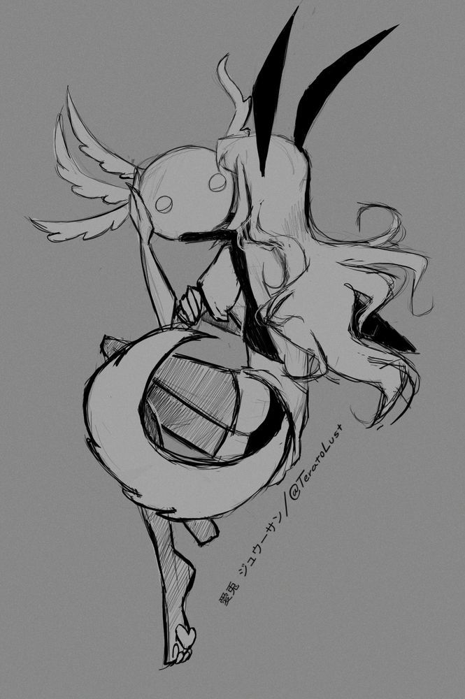 Cringy Yumeshipping doodle of Kinito and Tera (Cabbit sona) cuddling