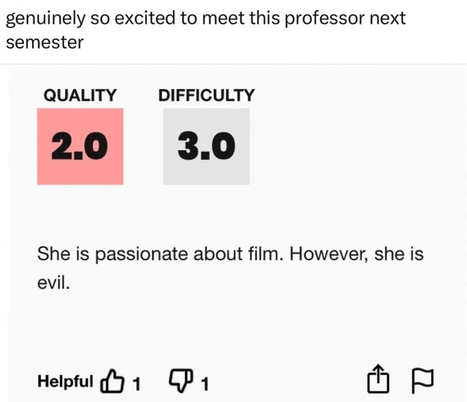 Caption: genuinely so excited to meet this professor next semester

Ratemyprofessor screenshot:


Quality: 2.0
Difficulty:3.0

She is passionate about film. However, she is evil.

Helpful: 1 thumbs-up, 1 thumbs-down
