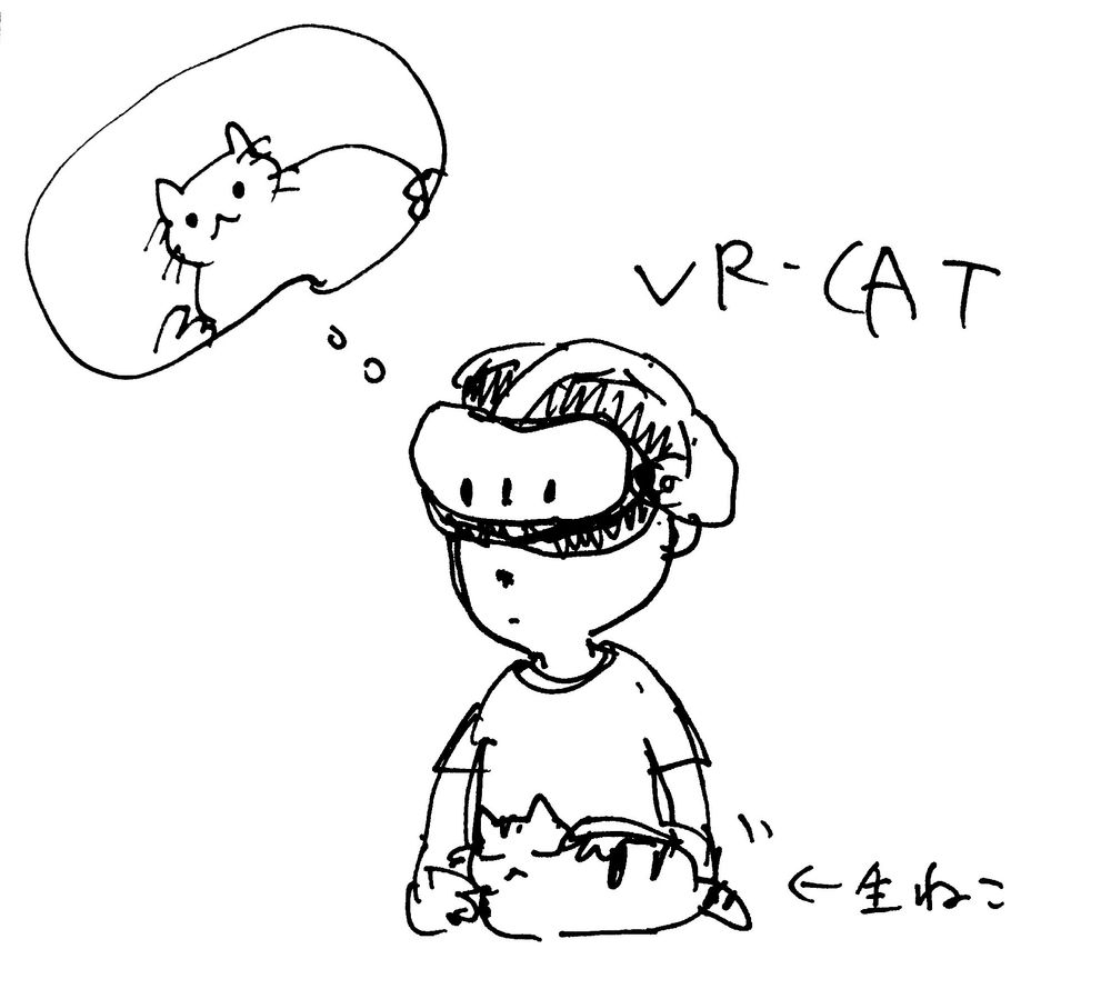 vrゴーグルをかぶり、猫の映像を見ながら生の猫をなでる人の絵　VR-CAT