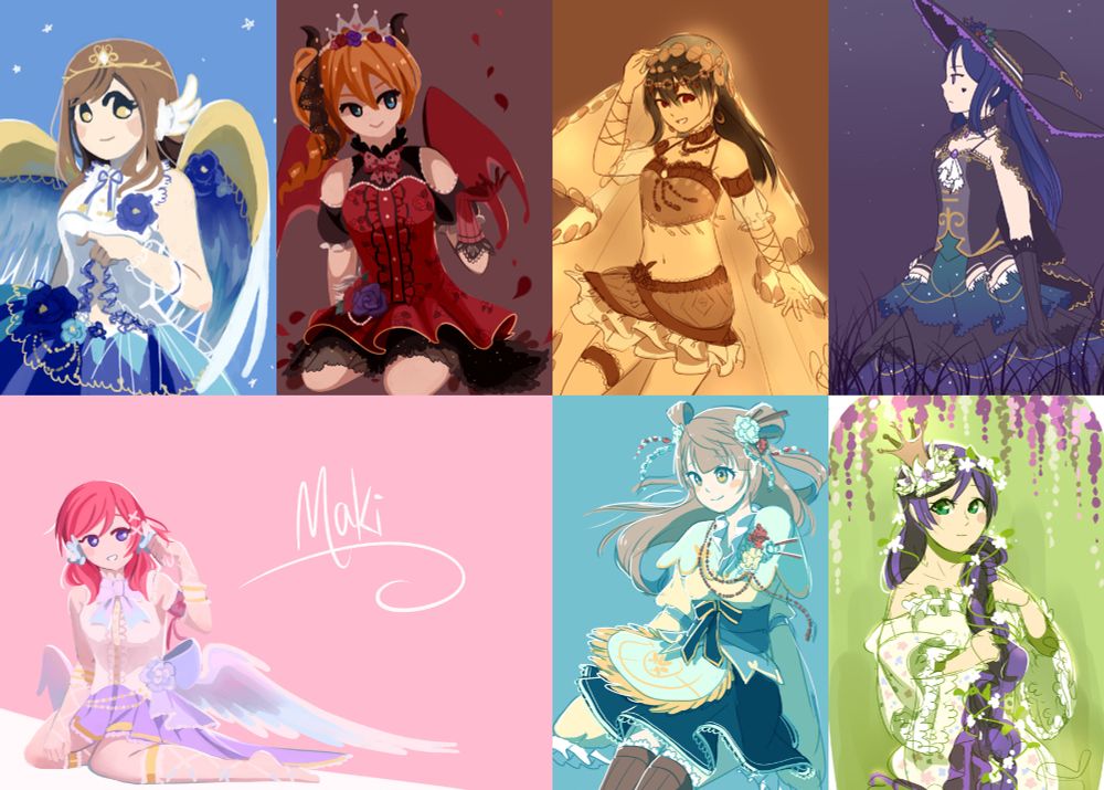 Collection of artworks featuring characters from the Love Live franchise, wearing outfits found in Love Live: School Idol Festival.

Characters in order:
Hanamaru, Honoka, Nico, Kanan, Maki, Kotori, Nozomi