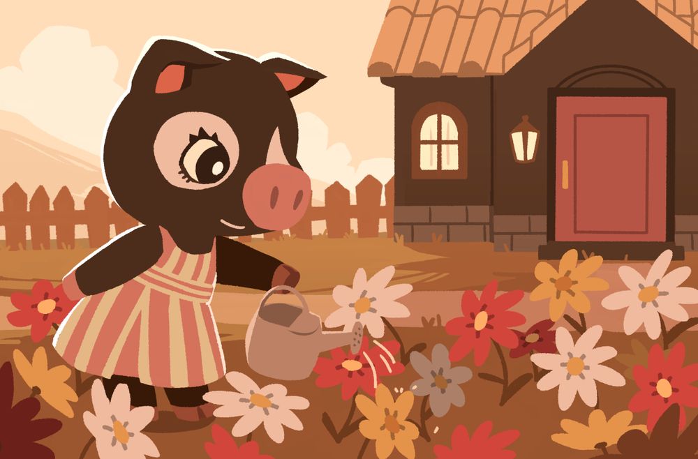 Digital artwork of Agnes (Animal Crossing) watering some flowers.